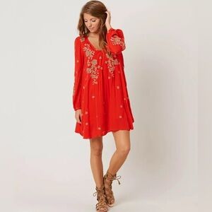 Free People Red Sweet Tenessee Embroidered Oversized Tunic Mini Dress SZ XS
